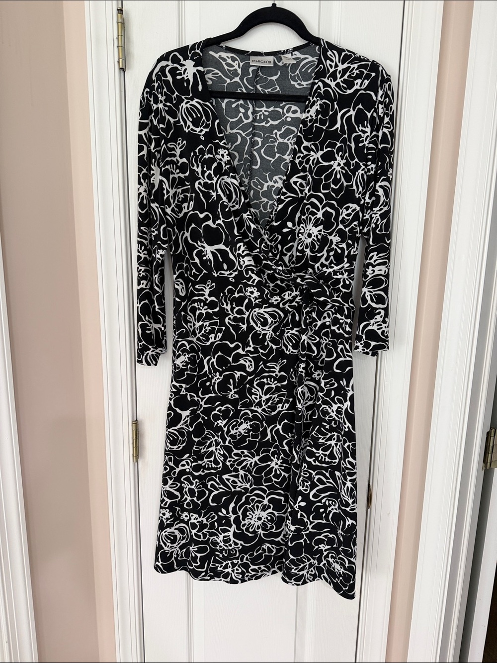 Chico's Black and White Floral Wrap Midi Dress, , 3/4 Sleeve, Never Worn, Size 3